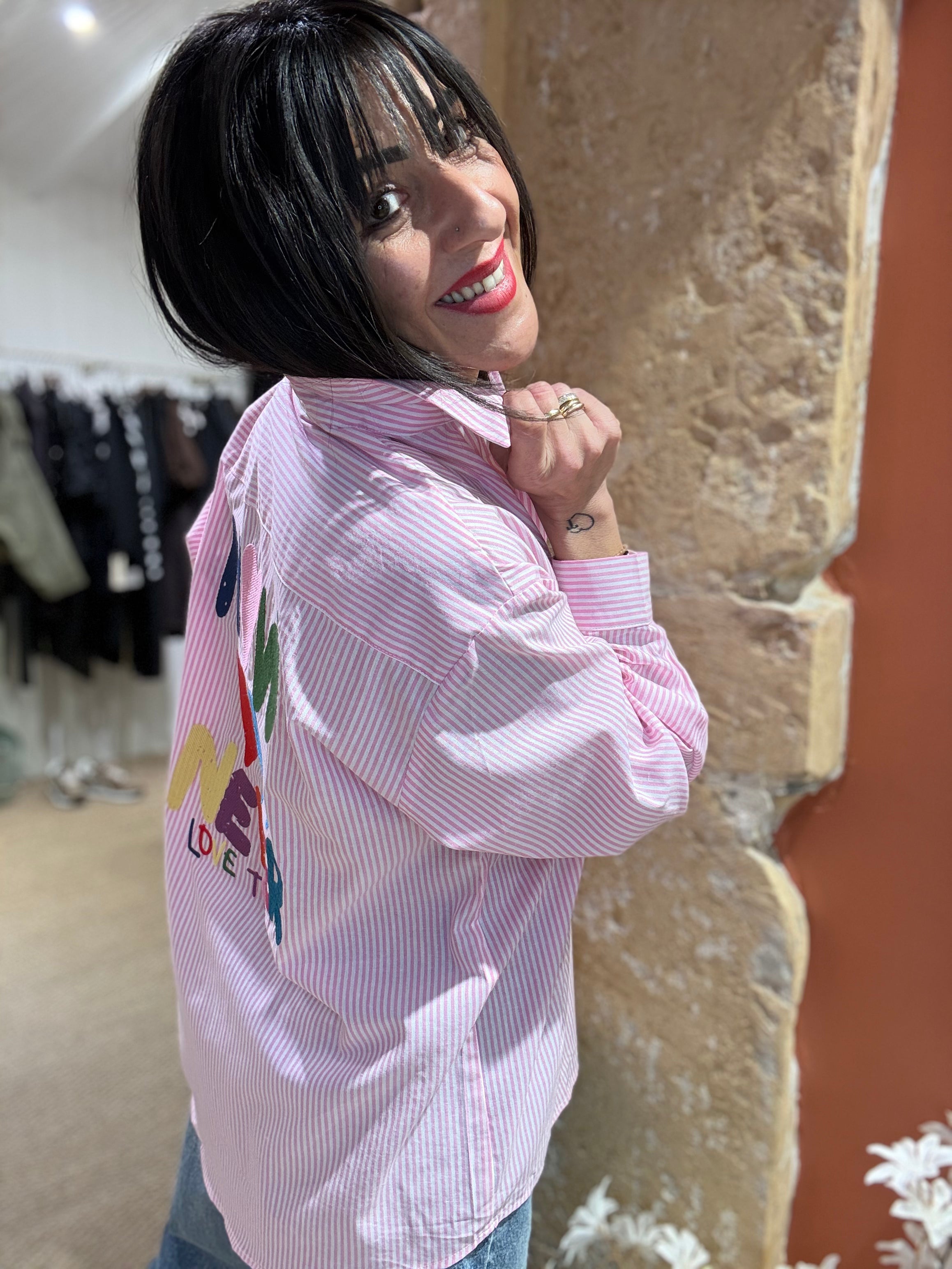 CHEMISE RAYURES ROSE COEUR ET ECRITURES