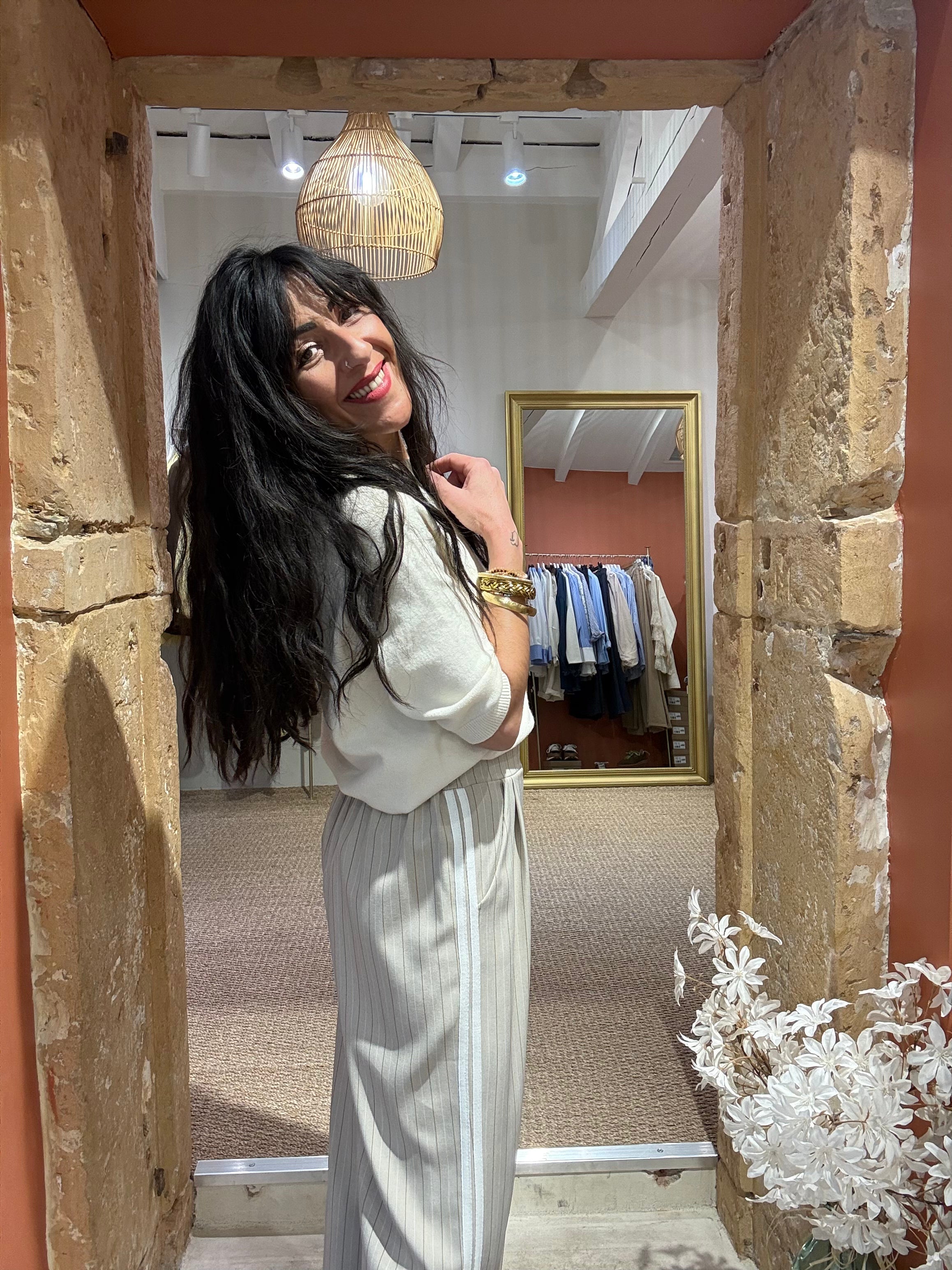 PANTALON RAYÉ BEIGE ET BLANC