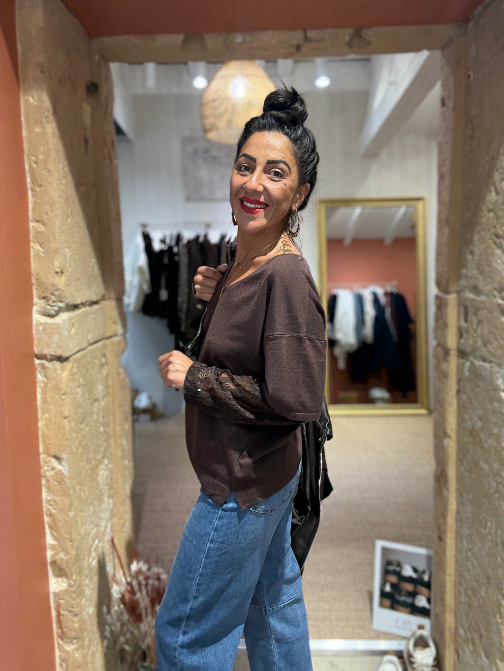 Pull manche dentelle - Choco